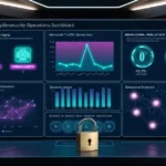 Enterprise Cybersecurity Operations Dashboard showcasing real-time threat alerts, network traffic detection, behavioral analytics, network intrusion detection, and data protection visualization.
