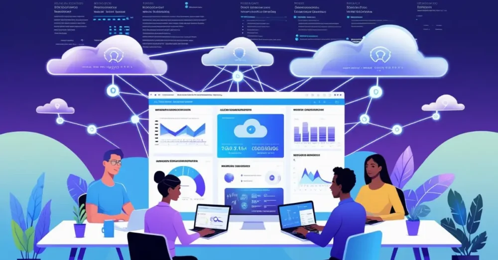 Illustration of remote employees connected via cloud to an AI-powered dashboard, representing Digital Experience Monitoring and AIOps for remote workforces.