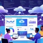 Illustration of remote employees connected via cloud to an AI-powered dashboard, representing Digital Experience Monitoring and AIOps for remote workforces.