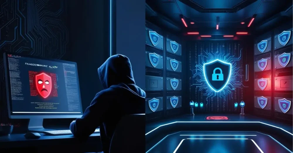 Split view of ransomware threat and AI-powered cybersecurity defense, showing a hacker with alert screen and a secure digital environment with shield icons.