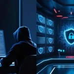 Split view of ransomware threat and AI-powered cybersecurity defense, showing a hacker with alert screen and a secure digital environment with shield icons.