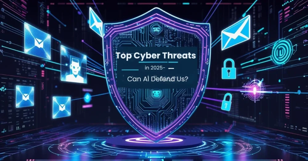 AI-powered digital shield defending against phishing, deepfake, and malware attacks in a futuristic cyber environment
