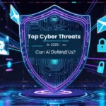AI-powered digital shield defending against phishing, deepfake, and malware attacks in a futuristic cyber environment