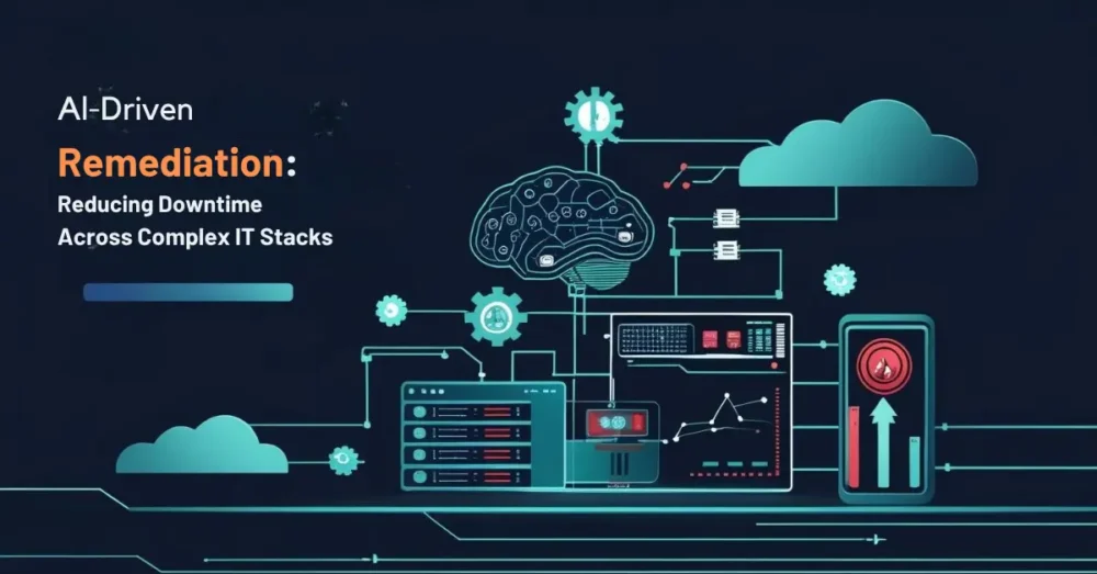 Illustration of AI-driven remediation in IT infrastructure, showing automated issue resolution across cloud and hybrid environments with reduced downtime indicators and unified observability.