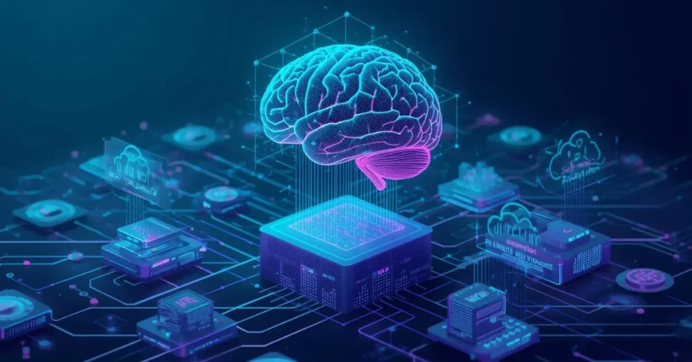 Futuristic AI-powered visualization of autonomous IT operations with cloud, servers, and data streams symbolizing predictive analytics, unified observability, and self-healing systems.