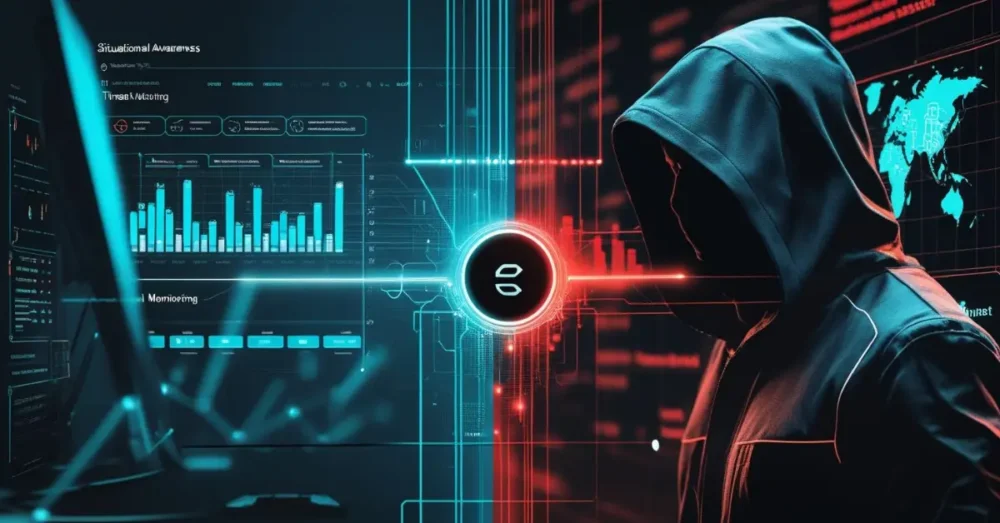 Situational Awareness vs. Threat Intelligence split-screen with network monitoring dashboard and hooded hacker connected by glowing data stream.