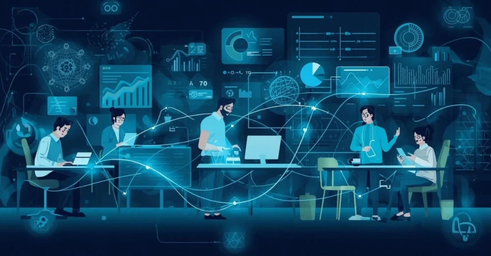 Remote team connected through digital lines with dashboards and analytics, symbolizing digital experience monitoring and observability.