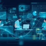Remote team connected through digital lines with dashboards and analytics, symbolizing digital experience monitoring and observability.